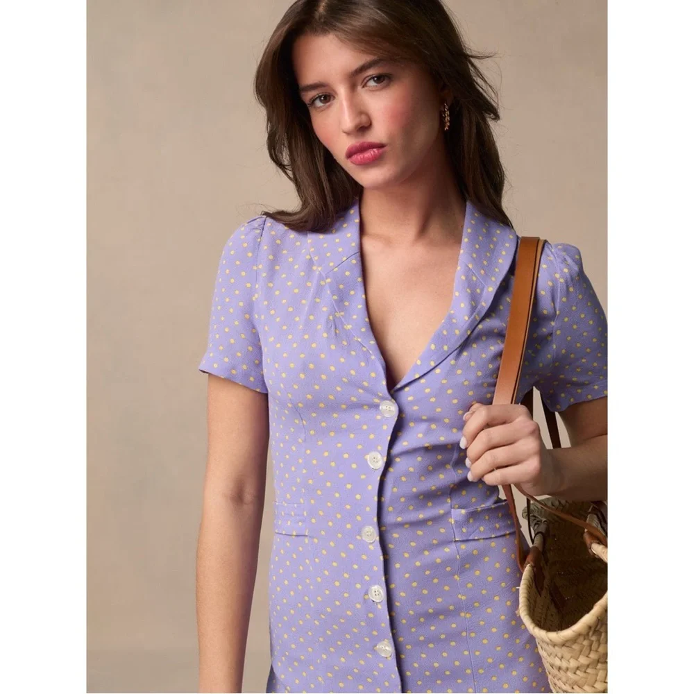 ROUJE NWT Lilac Purple Yellow Polka Dot Printed Button Down Marin Midi Dress 40 - Picture 3 of 17